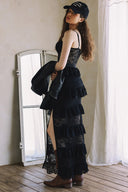 LACE RUFFLE SLIT MAXI DRESS WITH BACK ZIPPER MATCH JACKET J0038