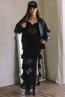 LACE RUFFLE SLIT MAXI DRESS WITH BACK ZIPPER MATCH JACKET J0038