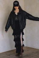 LACE RUFFLE SLIT MAXI DRESS WITH BACK ZIPPER MATCH JACKET J0038