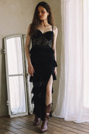 LACE RUFFLE SLIT MAXI DRESS WITH BACK ZIPPER MATCH JACKET J0038
