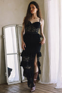 LACE RUFFLE SLIT MAXI DRESS WITH BACK ZIPPER MATCH JACKET J0038