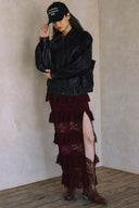LACE RUFFLE SLIT MAXI DRESS WITH BACK ZIPPER MATCH JACKET J0038