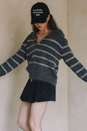 TWO WAY ZIPPER STRIPED SWEATER CARDIGAN T0011