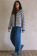 LONG SLEEVE STRIPED TOGGLE BUTTON SWEATER CARDIGAN WITH HOODIE MATCH WITH PANTS P0023