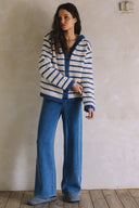 LONG SLEEVE STRIPED TOGGLE BUTTON SWEATER CARDIGAN WITH HOODIE MATCH WITH PANTS P0023