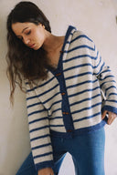 LONG SLEEVE STRIPED TOGGLE BUTTON SWEATER CARDIGAN WITH HOODIE MATCH WITH PANTS P0023