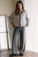 LONG SLEEVE STRIPED TOGGLE BUTTON SWEATER CARDIGAN WITH HOODIE MATCH WITH PANTS P0023