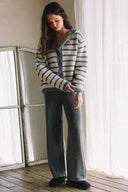 LONG SLEEVE STRIPED TOGGLE BUTTON SWEATER CARDIGAN WITH HOODIE MATCH WITH PANTS P0023