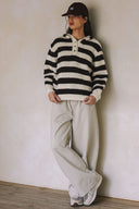COZY STRIPED KNIT HENLEY SOFT SWEATER MATCH SKIRT S0039