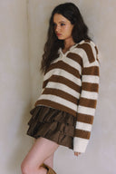 COZY STRIPED KNIT HENLEY SOFT SWEATER MATCH SKIRT S0039