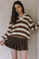 COZY STRIPED KNIT HENLEY SOFT SWEATER MATCH SKIRT S0039