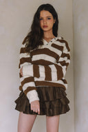 COZY STRIPED KNIT HENLEY SOFT SWEATER MATCH SKIRT S0039